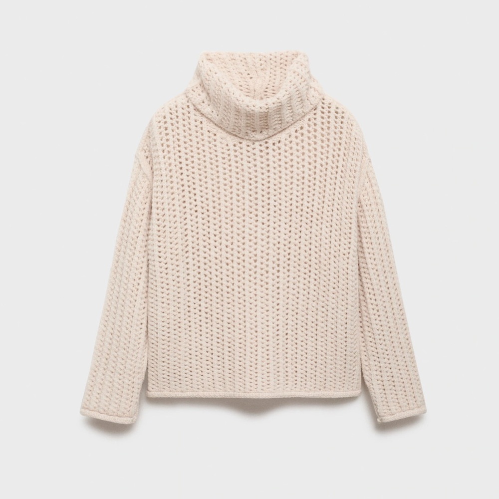 Mango Cream Open-Knit Turtleneck Sweater